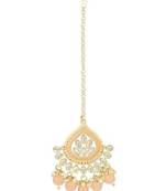 Gold plated traditional kundan & pearl maang tikka for women (t3015) (peach)