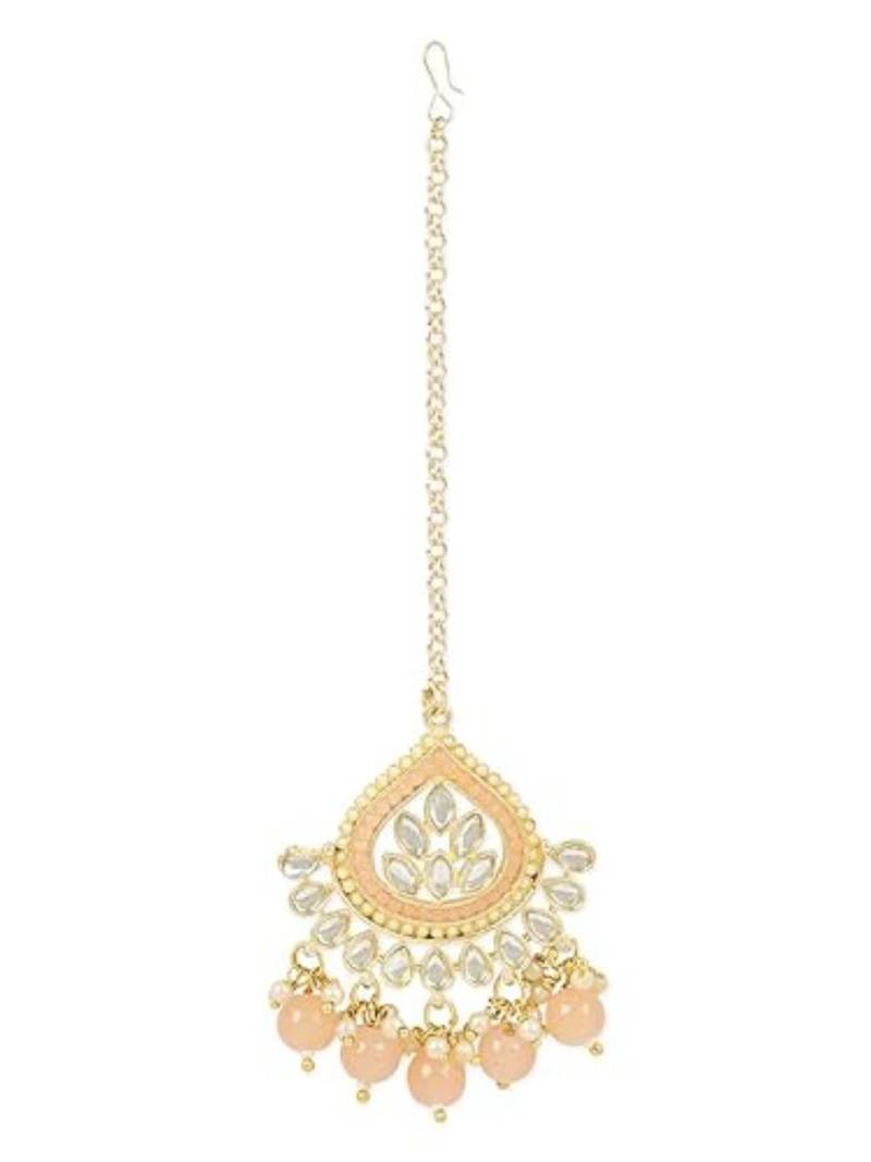 Gold plated traditional kundan & pearl maang tikka for women (t3015) (peach)