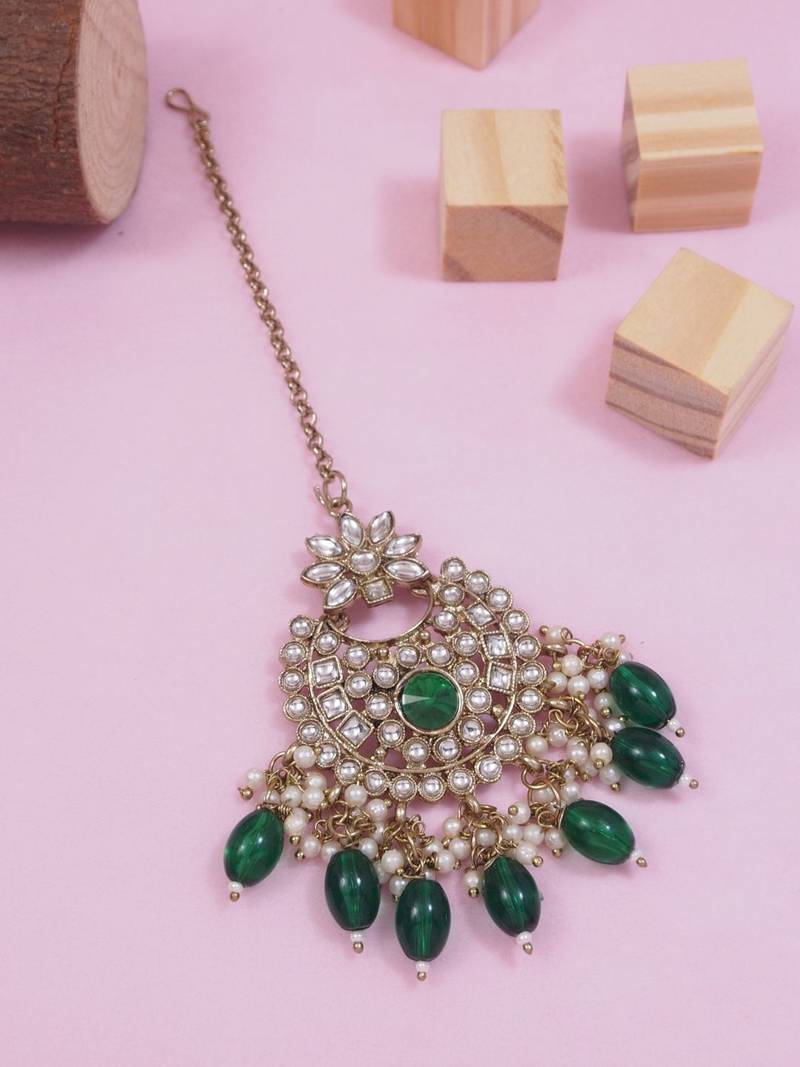 Gold plated traditional kundan pearl maang tikka for women and girls (t3153g) (green)