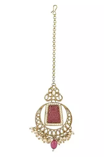 Gold plated traditional kundan pearl maang tikka for women and girls (t3028pu)