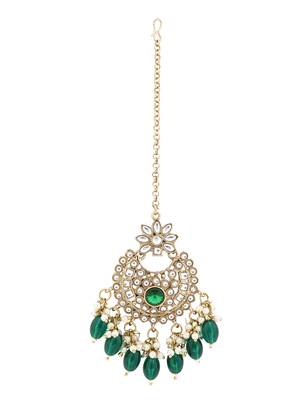 Gold plated traditional kundan pearl maang tikka for women and girls (t3153g) (green) 2