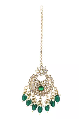 Gold plated traditional kundan pearl maang tikka for women and girls (t3153g) (green)