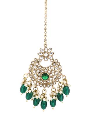 Gold plated traditional kundan pearl maang tikka for women and girls (t3153g) (green) 3