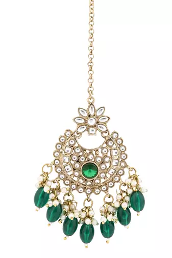 Gold plated traditional kundan pearl maang tikka for women and girls (t3153g) (green)