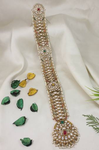 Gold plated traditional handcrafted white kundan and pearl studded paranda/hair braid pin choti for bridal (t2226fl)