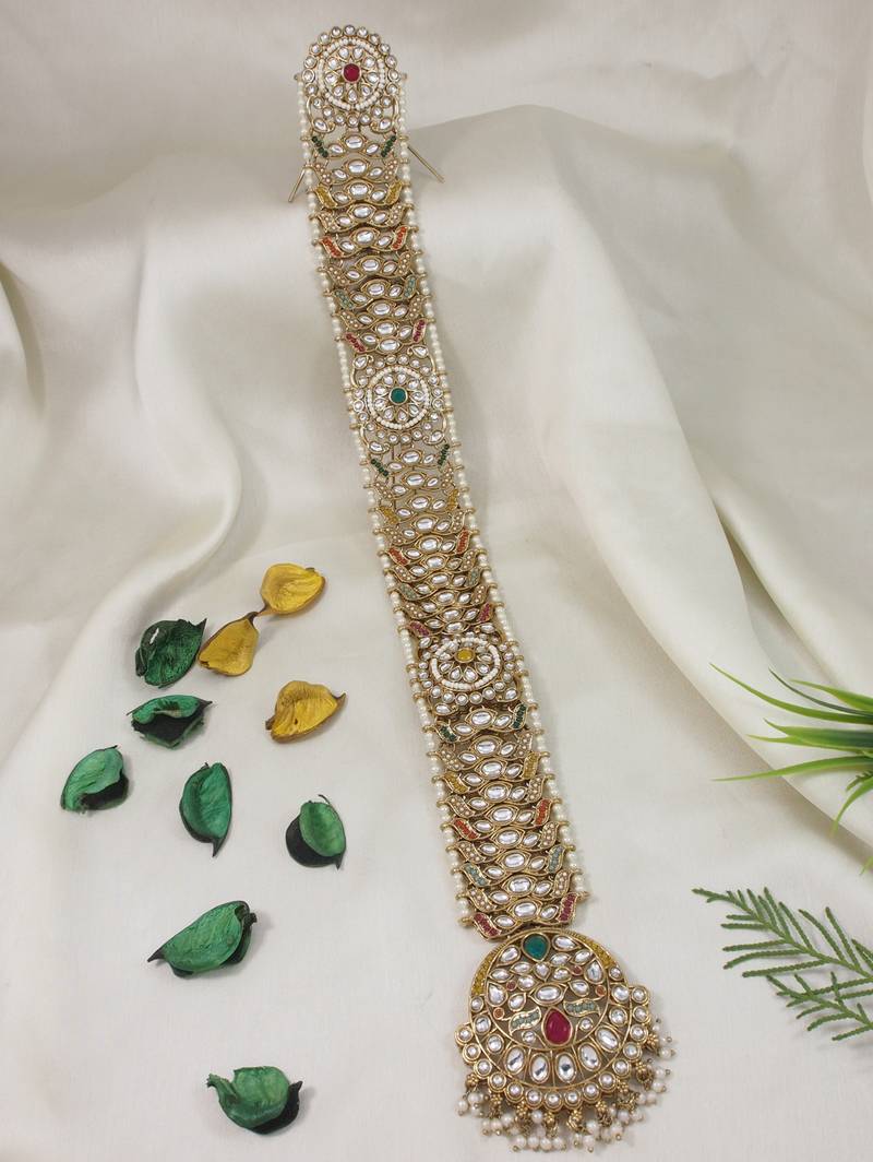 Gold plated traditional handcrafted white kundan and pearl studded paranda/hair braid pin choti for bridal (t2226fl)