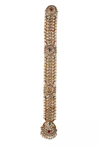 Gold plated traditional handcrafted white kundan and pearl studded paranda/hair braid pin choti for bridal (t2226fl)