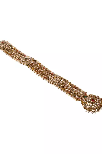 Gold plated traditional handcrafted white kundan and pearl studded paranda/hair braid pin choti for bridal (t2226fl)