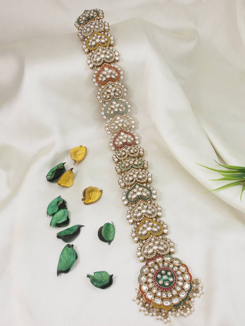 Gold plated traditional handcrafted multicolor kundan and pearl studded paranda/hair braid pin choti for bridal