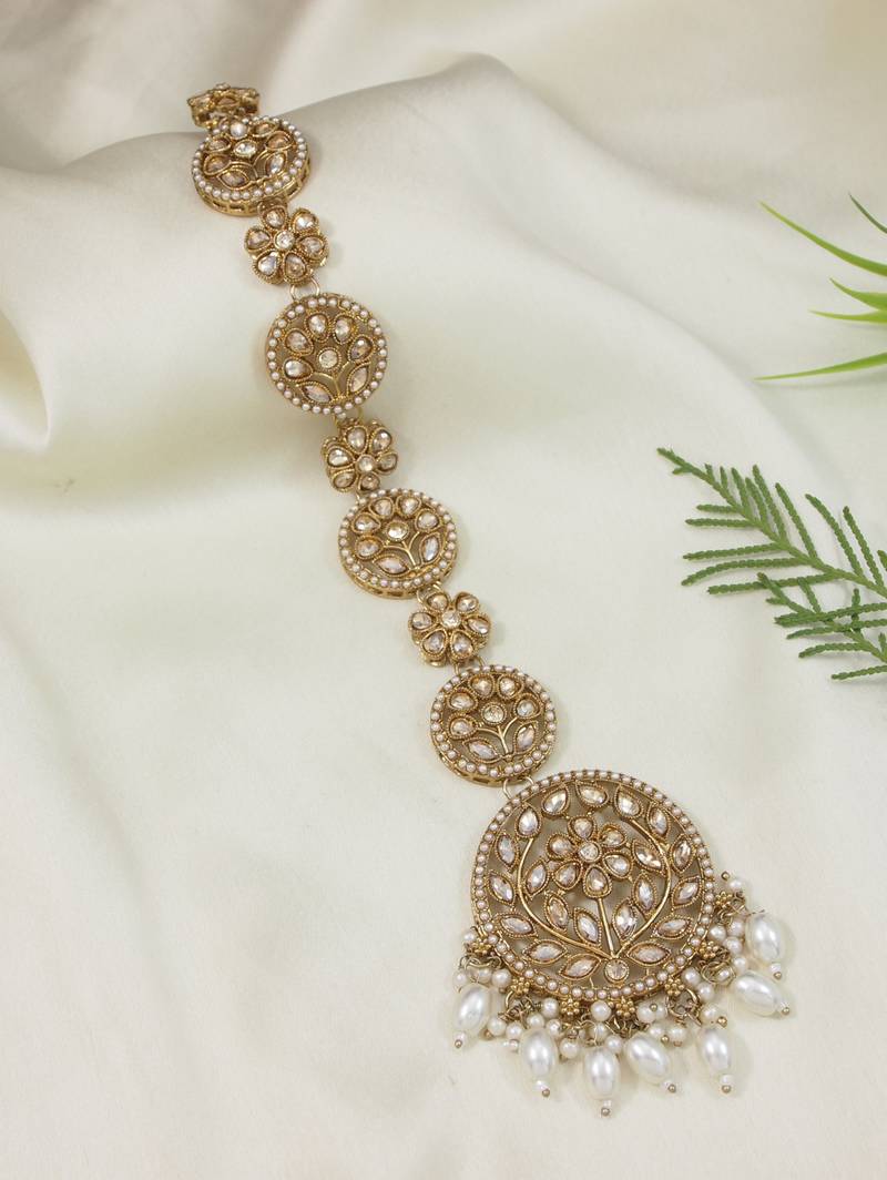 Gold plated traditional handcrafted white kundan and pearl studded paranda/hair braid pin choti for bridal (t2224fl)