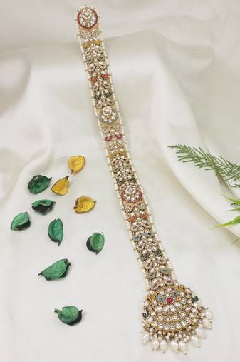 Gold plated traditional handcrafted white kundan and pearl studded paranda/hair braid pin choti for bridal (t2222fl)