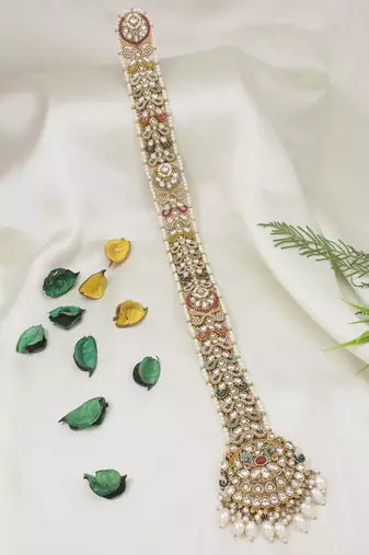 Gold plated traditional handcrafted white kundan and pearl studded paranda/hair braid pin choti for bridal (t2222fl)