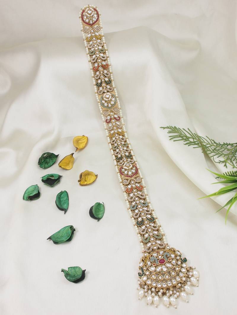 Gold plated traditional handcrafted white kundan and pearl studded paranda/hair braid pin choti for bridal (t2222fl)
