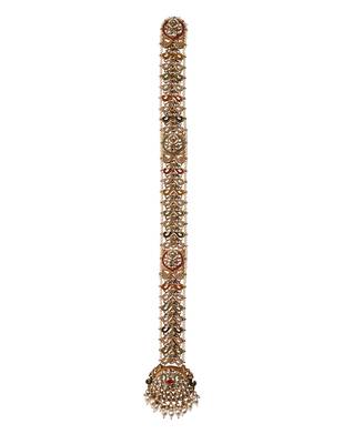 Gold plated traditional handcrafted white kundan and pearl studded paranda/hair braid pin choti for bridal (t2222fl) 2