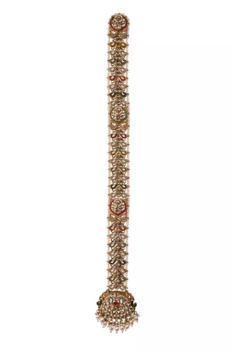 Gold plated traditional handcrafted white kundan and pearl studded paranda/hair braid pin choti for bridal (t2222fl)