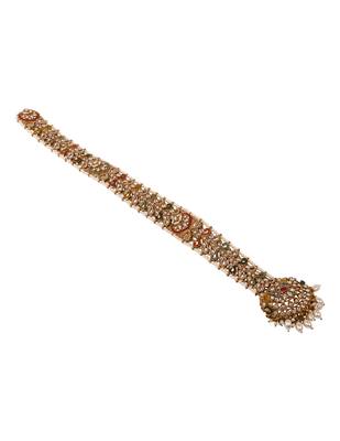 Gold plated traditional handcrafted white kundan and pearl studded paranda/hair braid pin choti for bridal (t2222fl) 3