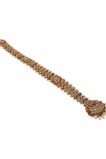 Gold plated traditional handcrafted white kundan and pearl studded paranda/hair braid pin choti for bridal (t2222fl)