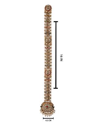 Gold plated traditional handcrafted white kundan and pearl studded paranda/hair braid pin choti for bridal (t2222fl) 4