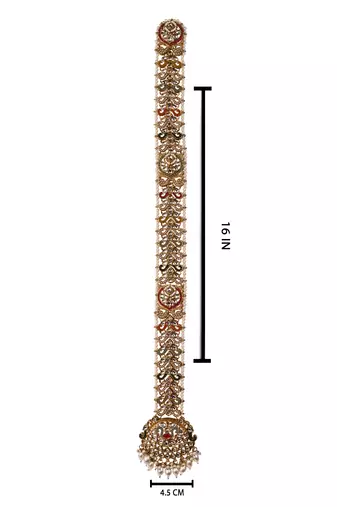 Gold plated traditional handcrafted white kundan and pearl studded paranda/hair braid pin choti for bridal (t2222fl)