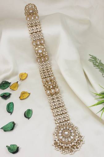 Gold plated traditional handcrafted white kundan and pearl studded paranda/hair braid pin choti for bridal (t2221fl)