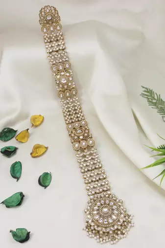 Gold plated traditional handcrafted white kundan and pearl studded paranda/hair braid pin choti for bridal (t2221fl)