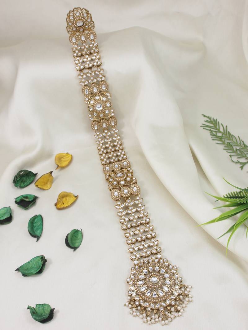 Gold plated traditional handcrafted white kundan and pearl studded paranda/hair braid pin choti for bridal (t2221fl)