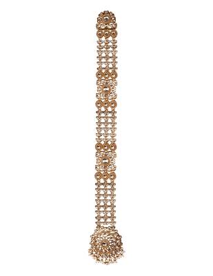 Gold plated traditional handcrafted white kundan and pearl studded paranda/hair braid pin choti for bridal (t2221fl) 2