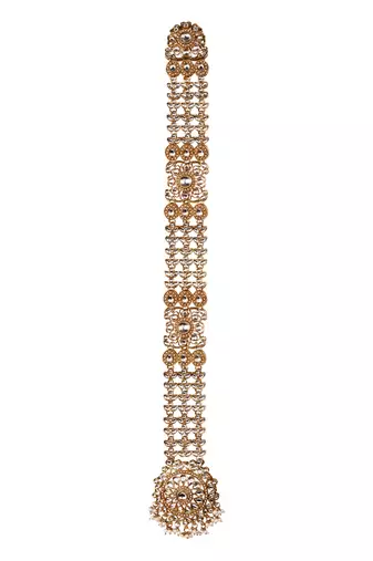 Gold plated traditional handcrafted white kundan and pearl studded paranda/hair braid pin choti for bridal (t2221fl)