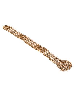 Gold plated traditional handcrafted white kundan and pearl studded paranda/hair braid pin choti for bridal (t2221fl) 3
