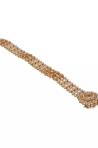 Gold plated traditional handcrafted white kundan and pearl studded paranda/hair braid pin choti for bridal (t2221fl)
