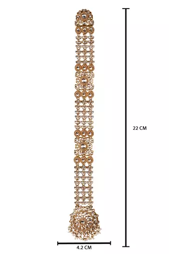 Gold plated traditional handcrafted white kundan and pearl studded paranda/hair braid pin choti for bridal (t2221fl)