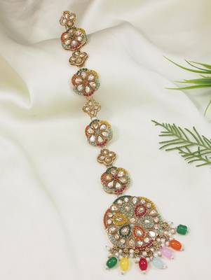 Gold plated traditional handcrafted multicolor kundan and pearl studded paranda/hair braid pin choti for bridal 1