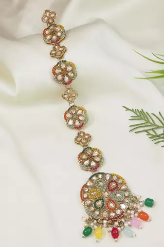 Gold plated traditional handcrafted multicolor kundan and pearl studded paranda/hair braid pin choti for bridal