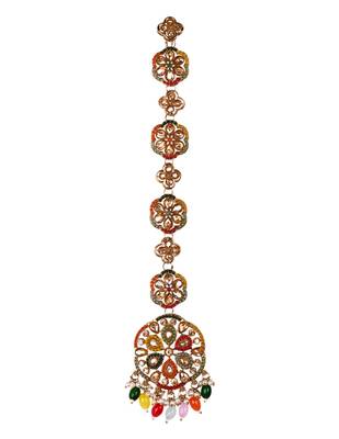 Gold plated traditional handcrafted multicolor kundan and pearl studded paranda/hair braid pin choti for bridal 2