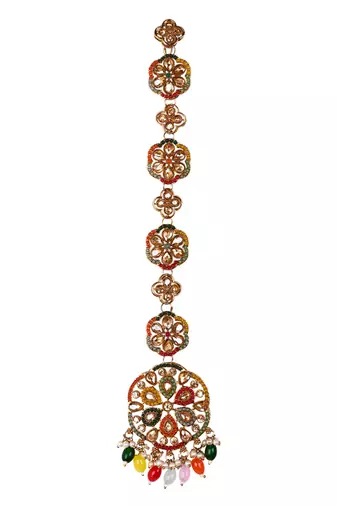 Gold plated traditional handcrafted multicolor kundan and pearl studded paranda/hair braid pin choti for bridal