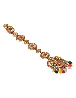 Gold plated traditional handcrafted multicolor kundan and pearl studded paranda/hair braid pin choti for bridal 3