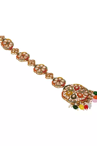 Gold plated traditional handcrafted multicolor kundan and pearl studded paranda/hair braid pin choti for bridal