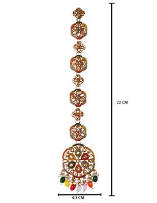 Gold plated traditional handcrafted multicolor kundan and pearl studded paranda/hair braid pin choti for bridal 4