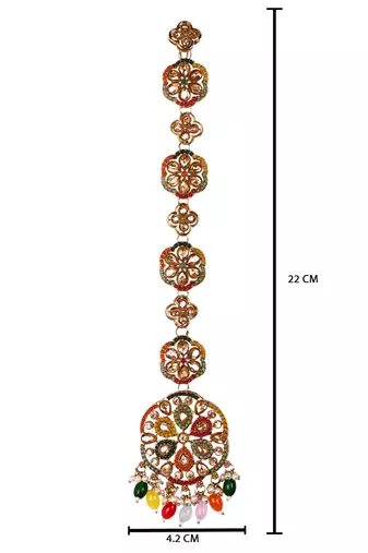 Gold plated traditional handcrafted multicolor kundan and pearl studded paranda/hair braid pin choti for bridal