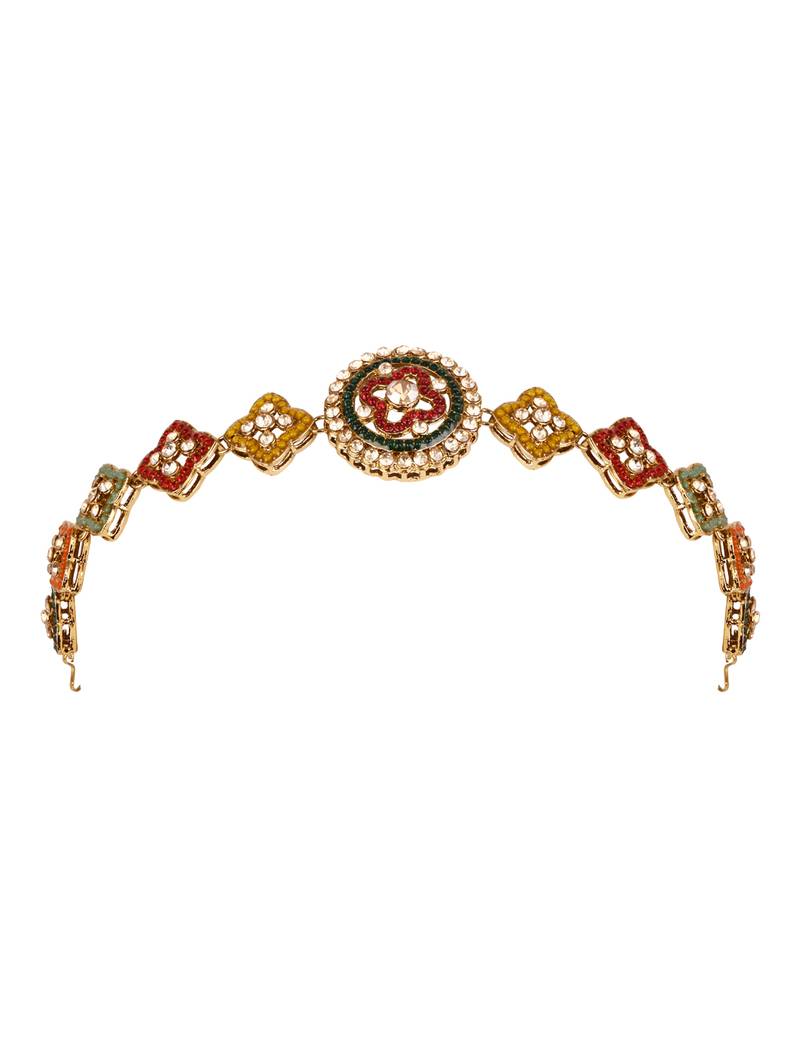 Gold plated handcrafted multicolor kundan stone sheeshpatti for women (t2214mul)