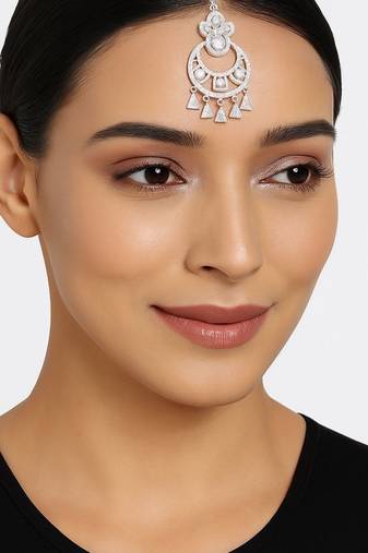 Silver plated cubic zirconia american diamond studded maang tikka with hanging drops for women (t2204s)