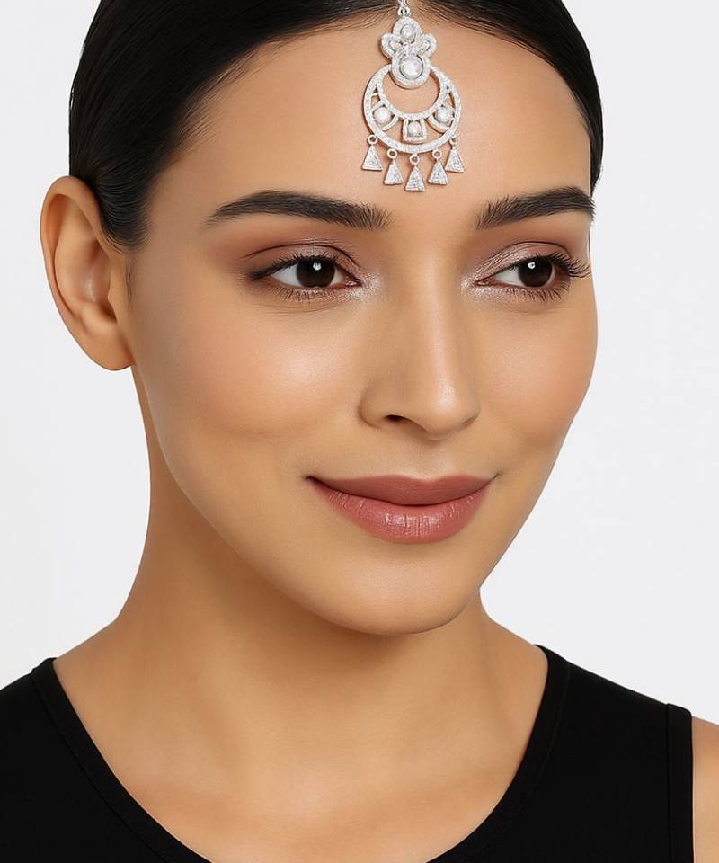 Silver plated cubic zirconia american diamond studded maang tikka with hanging drops for women (t2204s)