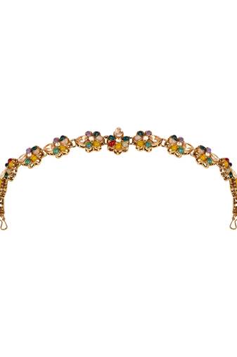 Gold plated handcrafted multicolor floral stone hair sheeshpatti for women (t2208mul)