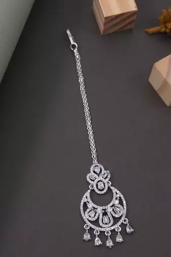 Silver plated cubic zirconia american diamond studded maang tikka with hanging drops for women (t2204s)
