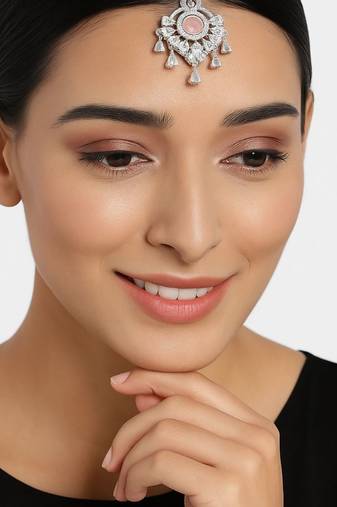 Silver plated traditional cubic zirconia american diamond studded maang tikka for women (t2203zpi)