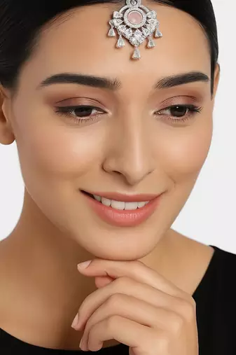 Silver plated traditional cubic zirconia american diamond studded maang tikka for women (t2203zpi)