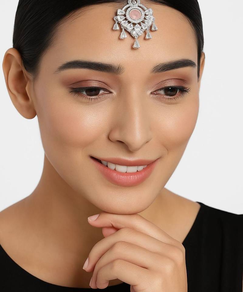 Silver plated traditional cubic zirconia american diamond studded maang tikka for women (t2203zpi)