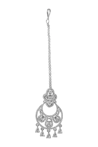 Silver plated cubic zirconia american diamond studded maang tikka with hanging drops for women (t2204s)