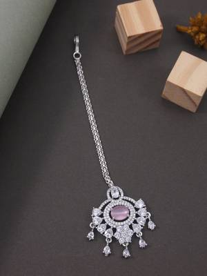 Silver plated traditional cubic zirconia american diamond studded maang tikka for women (t2203zpi) 2