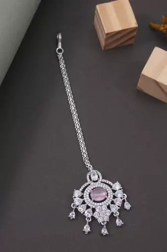 Silver plated traditional cubic zirconia american diamond studded maang tikka for women (t2203zpi)
